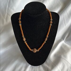 Brown and Caramel Wooden Beaded 17” Necklace with Gold Decorative Accents